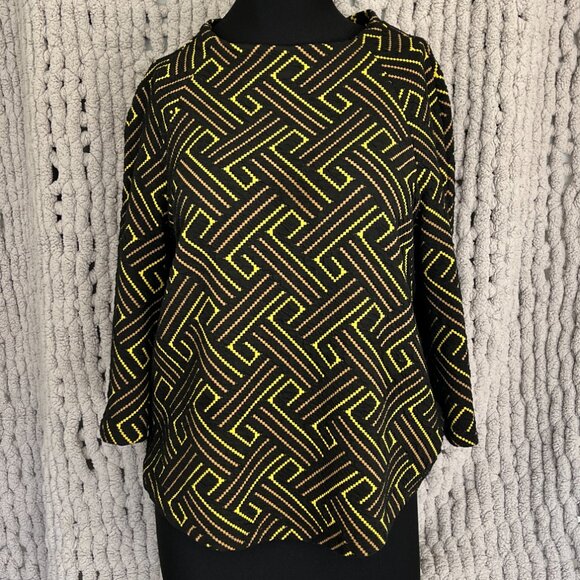 W5 Black Geometric (Yellow & Tan) Print 3/4 Length Flared-Sleeve Top Size Medium - Picture 7 of 13